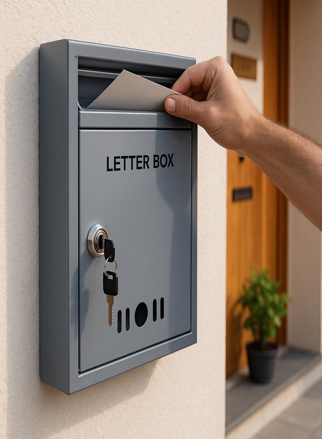 HOMIFLY صندوق بريد/صندوق اقتراحات/صندوق شكاوى/صندوق رسائل مثبت على الحائط بحجم A4 من HOMIFLY للمكتب/صندوق بريد لبوابة المنزل مع نافذة رؤية واضحة وقفل مفتاح آمن - (رمادي) - Image 1